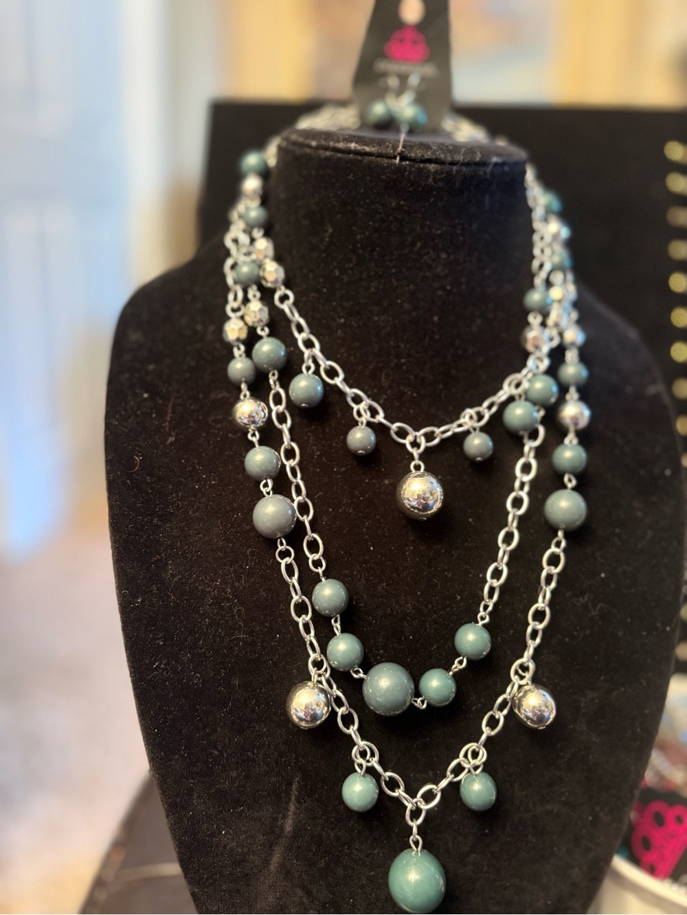 Layered Emerald Bead and Silver Chain Necklace - Women Jewelry